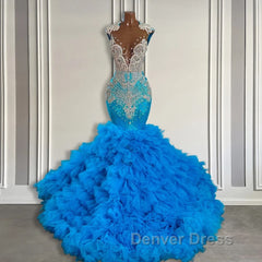 Ocean Blue Mermaid Tulle Ruffle Prom Dresses Long With Beadings