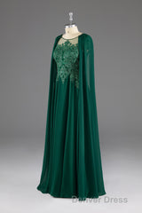Dark Green A-Line Lace Appliques Chiffon Prom Dresses