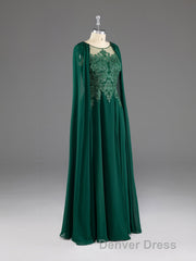 Dark Green A-Line Lace Appliques Chiffon Prom Dresses