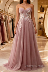 A-Line Sweetheart Neckline Long Prom Dresses With Appliques