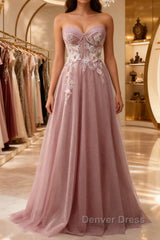 A-Line Sweetheart Neckline Long Prom Dresses With Appliques