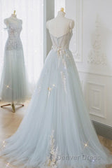 A-Line Tulle Lace Appliques Sweetheart Long Prom Dresses, Strapless Evening Dresses