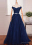 2026 Blue Floor Length Long A Line Off The Shoulder Beading Tulle Prom Dresses