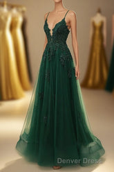 A-Line Tulle Spaghetti Straps Appliques Long Prom Dresses with Alit