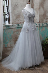 Grey V-Neckline Tulle With Lace Long Formal Dresses, Grey A-Line Prom Dresses