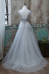Grey V-Neckline Tulle With Lace Long Formal Dresses, Grey A-Line Prom Dresses