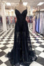 A Line V Neck Long Black Lace Prom Dress, Black Lace Prom Dresses