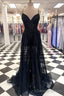 A Line V Neck Long Black Lace Evening Dress, Black Lace Formal Prom Dresses