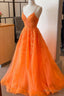 A Line V Neck Orange Lace Long Prom Dress, Orange Lace Prom Dress, Orange Prom Dresses