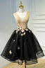 A Line Black V Neck Lace Up Homecoming Dress, Sleeveless Prom Dresses With Butterfly