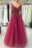 Wine Red Tulle Straps Lace Applique Long Prom Dress, Wine Red Prom Dresses