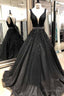 Ball Gowns Straps Black V Neck Lace Appliques Prom Dress, Beads V Back Dance Dresses