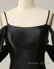 Black Off The Shoulder Criss-Cross Back Long Satin Prom Dresses