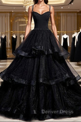 Black Tulle Open Back V Neck Beaded Layered Long Prom Dresses