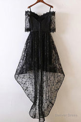 Black Short Sleeve High Low Homecoming Dresses, Lace Appliques Sweetheart Prom Dress