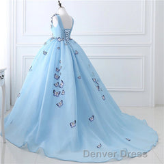 Blue Butterfly Flowers Lace Up Ball Gowns Long Prom Dresses