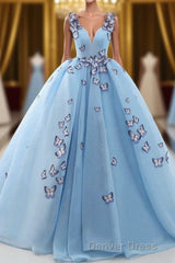 Blue Butterfly Flowers Lace Up Ball Gowns Long Prom Dresses