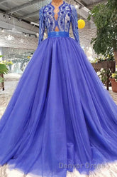 Blue Long Sleeves V Neck Tulle Prom Dresses with Beading