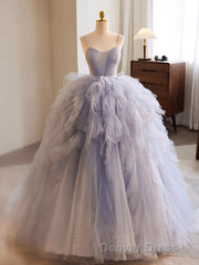 Blue Tulle Long Prom Gown, Blue Tulle Long Sweet 16 Dresses