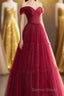 A-line Sweetheart Neck Tulle Burgundy Long Prom Dresses, Off Shoulder Burgundy Formal Dresses