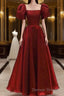 Burgundy A Line Long Prom Dresses with Short Sleeves, New Prom Gowns