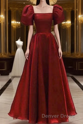 Burgundy A Line Long Prom Dresses with Short Sleeves, New Party Gown