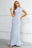 Light Blue Sequined High Neck Short Sleeves Mermaid Prom Dresses