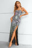 Black Spaghetti Straps Beaded Prom Dresses With Slit
