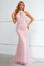 Pink Sequined Halter Neck Keyhole Backless Mermaid Prom Dresses
