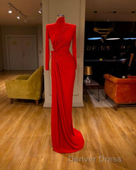 Glamorous High Neck Long Sleeve Red Prom Dresses Long With Split