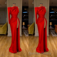 One-shoulder Long sleeves High-split Soft pleated Red Prom Dresses
