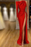 One Shoulder Long sleeves High split Soft pleated Red Prom Dresses