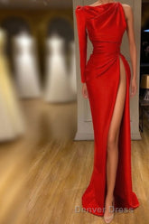 One-shoulder Long sleeves High-split Soft pleated Red Prom Dresses