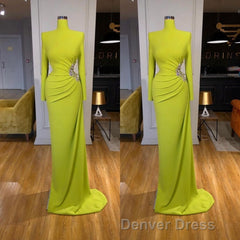 Ginger yellow High-neck Long-sleeves Metallic Beaded Mermaid Prom Dresses