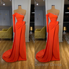 Long sleeves Strapless Orange Sequined Long Prom Dresses