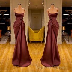 Burgundy Spaghetti-Straps Mermaid Ruffles Prom Dresses Long