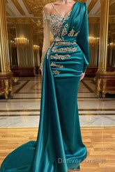 Glamorous Long Sleeve Mermaid Evening Dresses With Lace Appliques Party Gowns