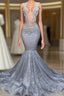 Silver Sequins Mermaid Prom Dresses Long With Beads