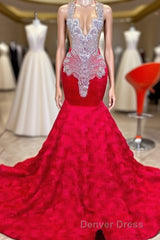 Charming Long Mermaid Jewel Satin Beading Prom Dresses Red Formal Gowns