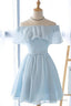 Cute Light Blue Off The Shoulder Short Prom Dress, Chiffon Homecoming Dresses