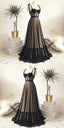 Vintage Polka Dots Spaghetti Straps Black Long Prom Dresses