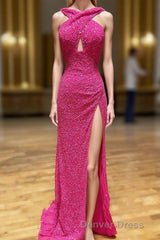 Cross Front Hot Pink Sequins Mermaid Long Formal Dresses