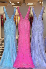 Plunge V Neck Lace Appliques Long Prom Dresses