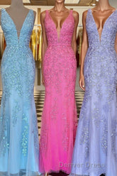 Plunge V Neck Lace Appliques Long Prom Dresses