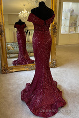 Off the Shoulder Burgundy Sequins Mermaid Long Formal Dresses