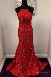 Halter Mermaid Red Sequins Long Dress