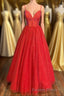 Sraps A Line Red Shiny Tulle Prom Gowns