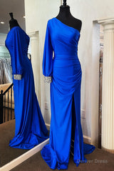 Mermaid One Shoulder Long Sleeve Royal Blue Party Dress