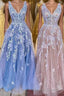A Line Appliques Tulle Long Prom Dresses