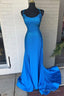 Blue Beaded Mermaid Straps Long Prom Dresses